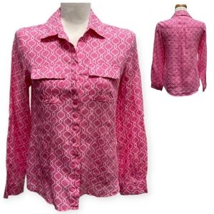 Charter Club Women's Petite 100% Linen 3/4 Sleeve Paper Geo Roll Tab Shirt size